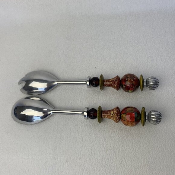 MCM Salad Utensils Fork Spoon Acrylic Beaded Handle 11.5” - Picture 2 of 7